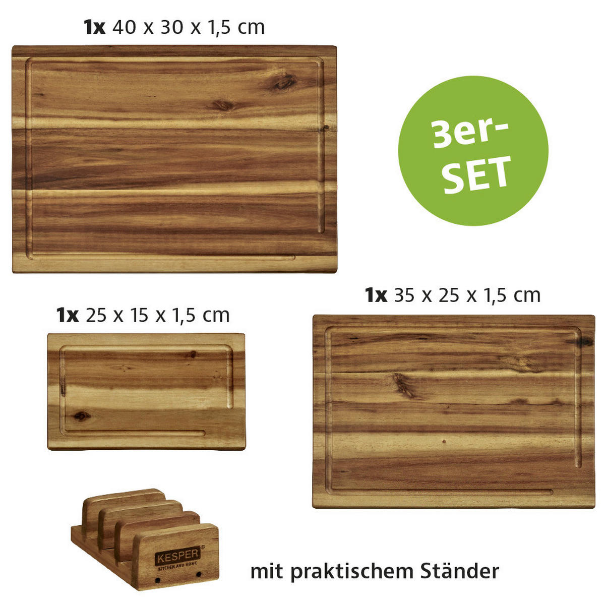 Kesper Schneidbrett Schneidebrett 3er Set inkl. Ständer - natur (40,00/11,20/31,50cm) - Kesper