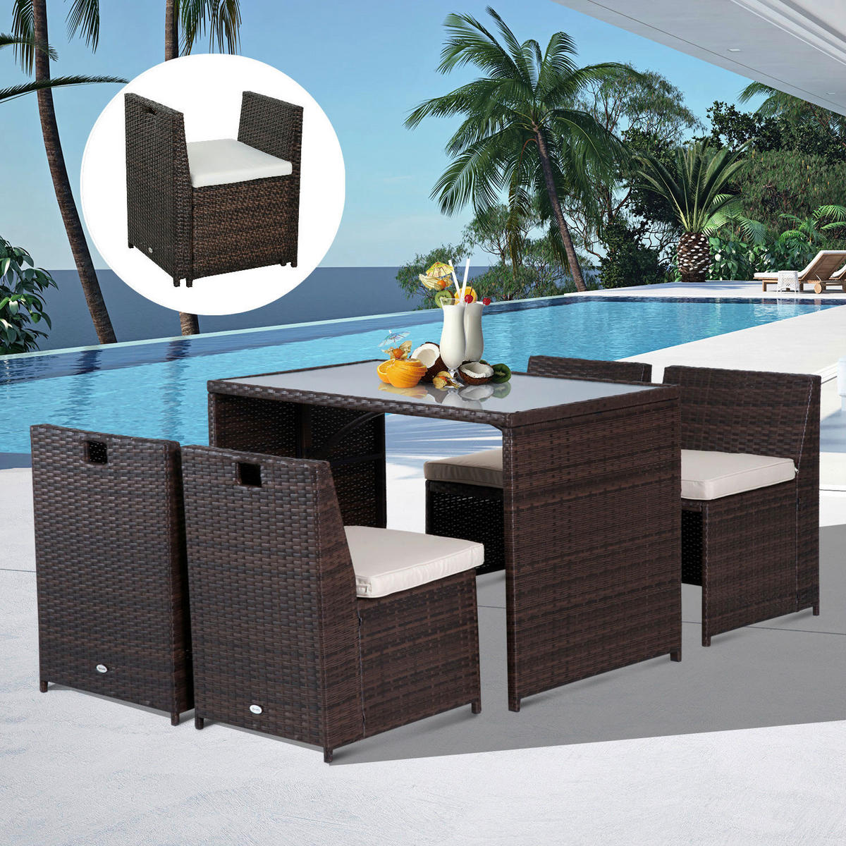 Outsunny Garnitur braun Polyrattan Polyrattan_Garnitur_5tlg. - braun/creme - Outsunny