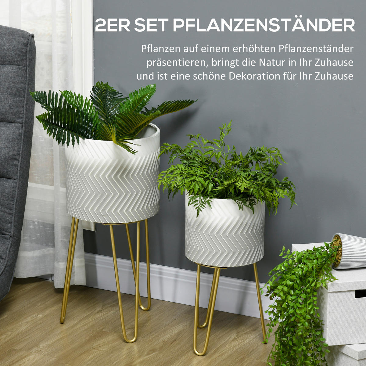 Outsunny Blumentöpfe-Set mit Gestell Blumentöpfe-Set_mit_Gestell - gold/weiß (30,00/30,00/67,00cm) - Outsunny