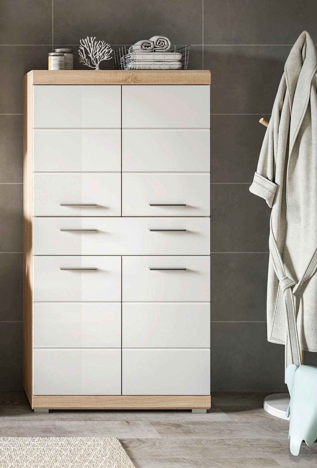 Midischrank Lambada Eiche Sonoma Nachbildung weiß Hochglanz B/H/T: ca. 74x141x31 cm Lambada - Eiche/weiß (74,00/141,00/31,00cm) - xonox.home
