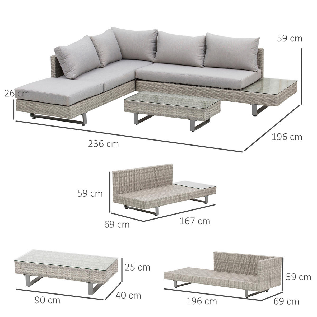 Outsunny Sitzgruppe grau Edelstahl B/H/L: ca. 69x196x59 cm Gartenmöbel-Set - grau (59,00/69,00/196,00cm) - Outsunny