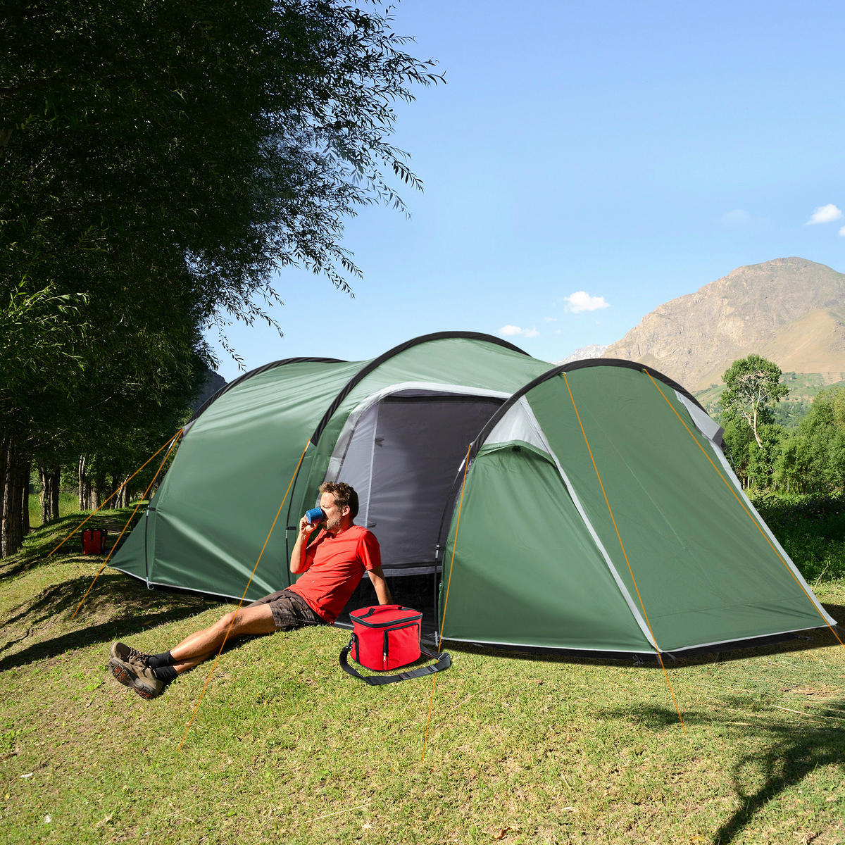 Outsunny Zelt dunkelgrün Polyester B/H/L: ca. 206x426x154 cm Tunnelzelt - schwarz/dunkelgrün (154,00/206,00/426,00cm) - Outsunny