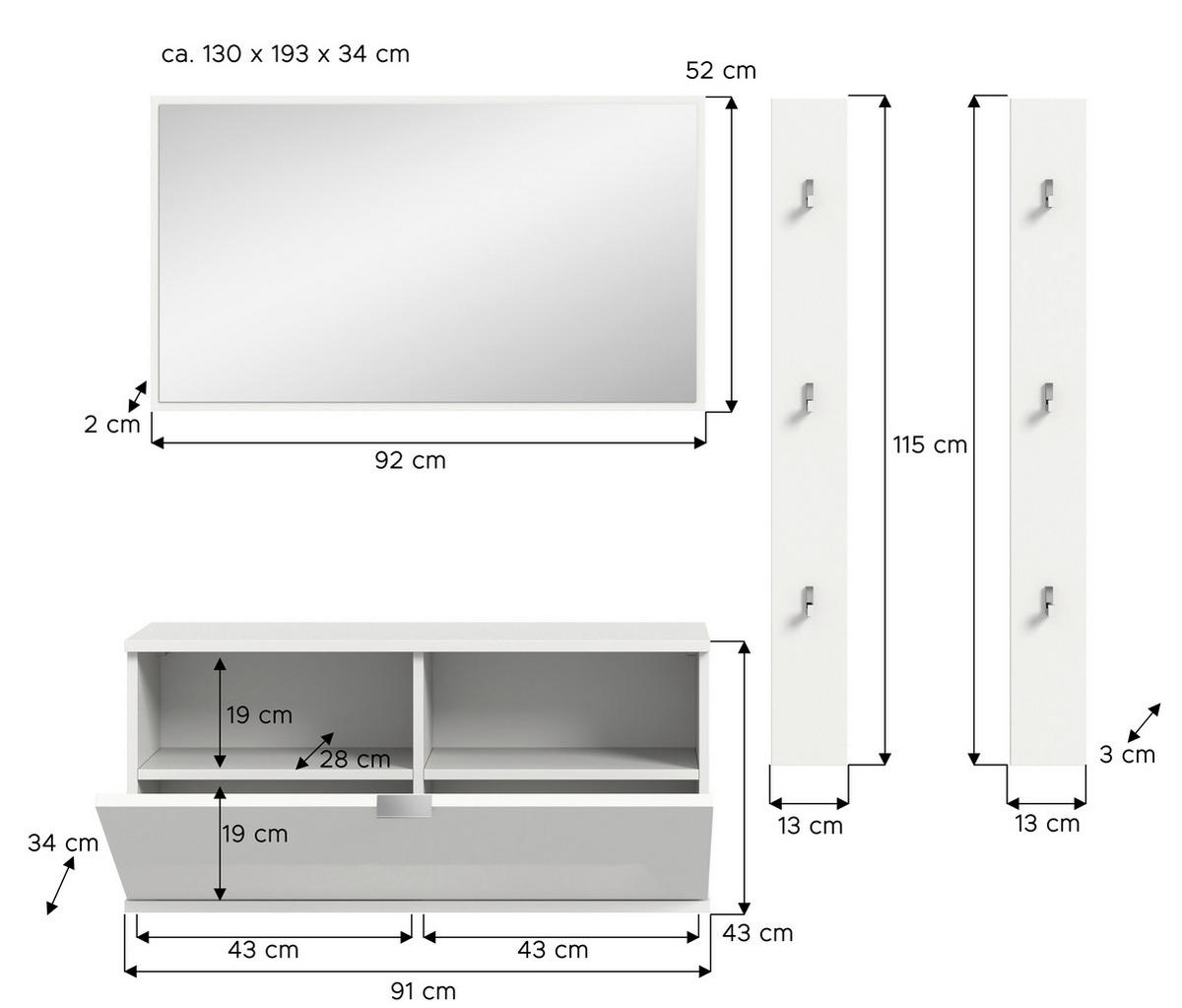 Garderobe PROJEKT X weiß weiß Hochglanz B/H/T: ca. 130x191x37 cm PROJEKT X - weiß (130,00/191,00/37,00cm) - xonox.home