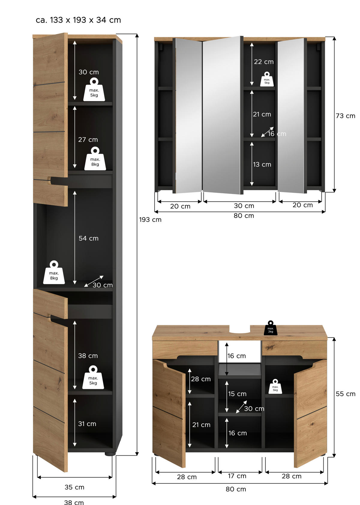 Badezimmer-Set Canu Basalt Eiche Artisan Nachbildung B/H/T: ca. 133x193x34 cm Canu - Eiche/Basalt (133,00/193,00/34,00cm) - xonox.home