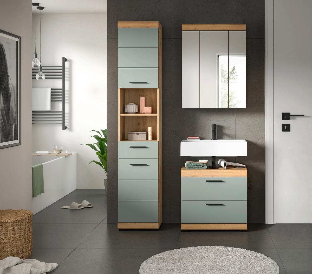 Badezimmer-Set Scout Eiche Artisan Nachbildung salbei Nachbildung B/H/T: ca. 112x191x37 cm Scout - Eiche/salbei (112,00/191,00/37,00cm) - xonox.home