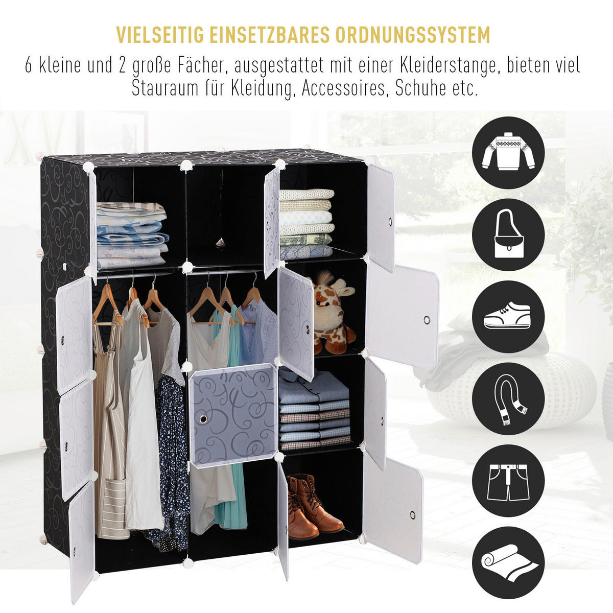 HOMCOM Kleiderschrank schwarz Polypropylen B/H/L: ca. 47x111x145 cm Kleiderschrank_mit_Stecksystem - schwarz (145,00/47,00/111,00cm) - HOMCOM