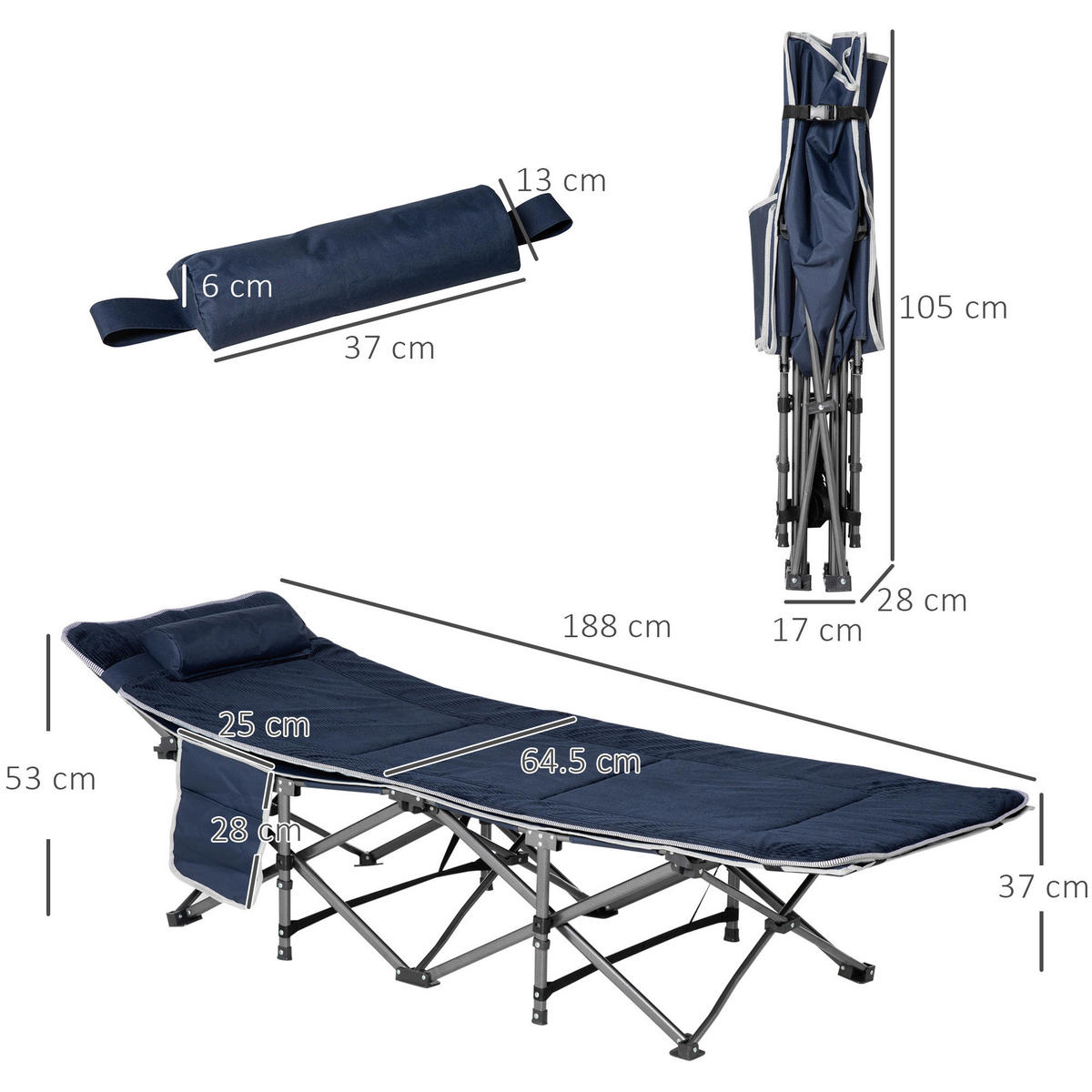 Outsunny Campingbett B/H/L: ca. 64,5x53x188 cm Campingbett - blau (188,00/64,50/53,00cm) - Outsunny