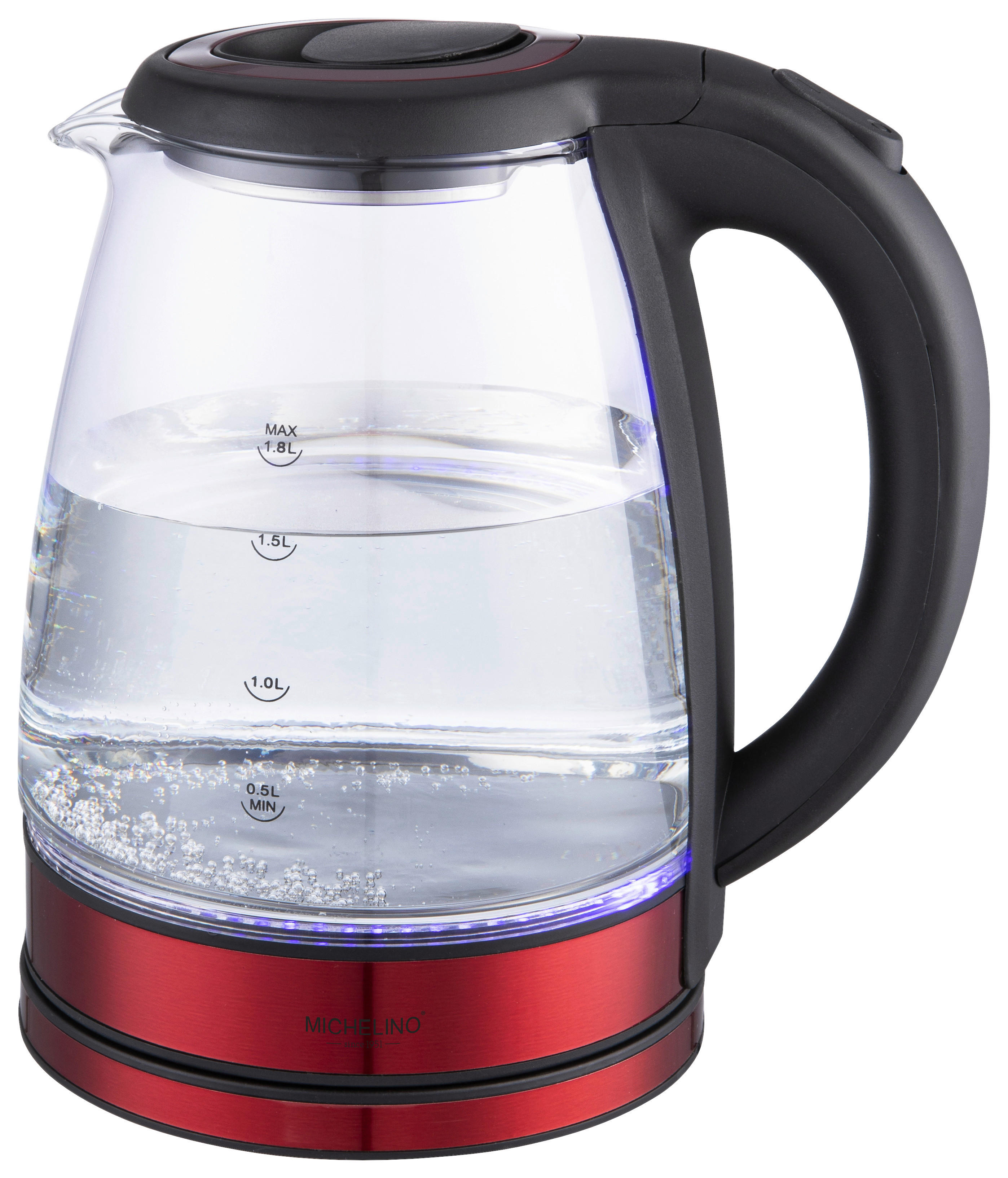 MICHELINO Glas-Wasserkocher 74354 schwarz rot Glas Edelstahl Kunststoff B/H/T: ca. 20x23x11 cm ca. 1,7 l Wasserkocher_Glas_74354 - rot/schwarz (20,00/23,00/11,00cm) - MICHELINO