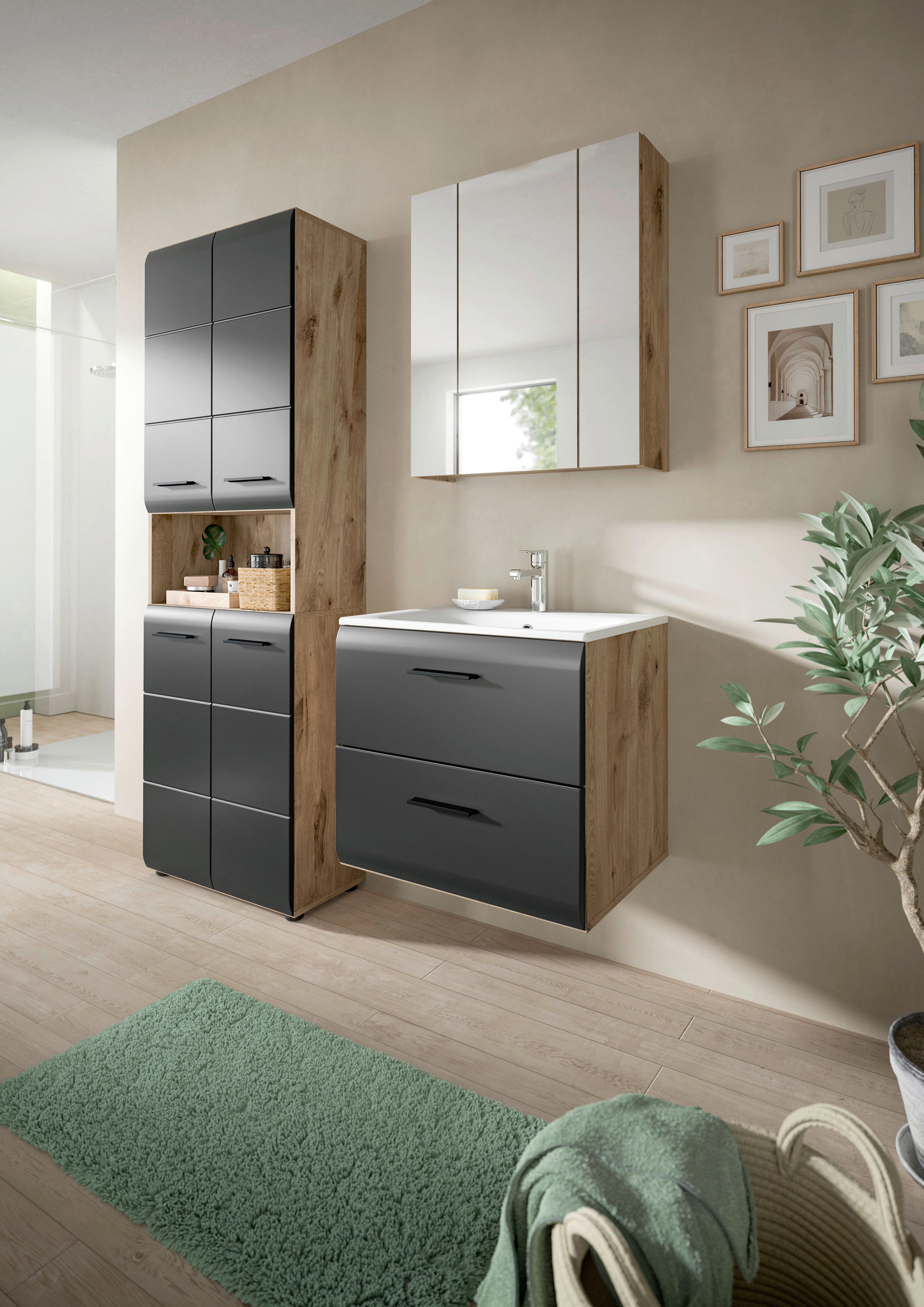 Thumbnail - Badezimmer-Set Ice Nox Oak Nachbildung schwarz matt B/H/T: ca. 135x185x46 cm