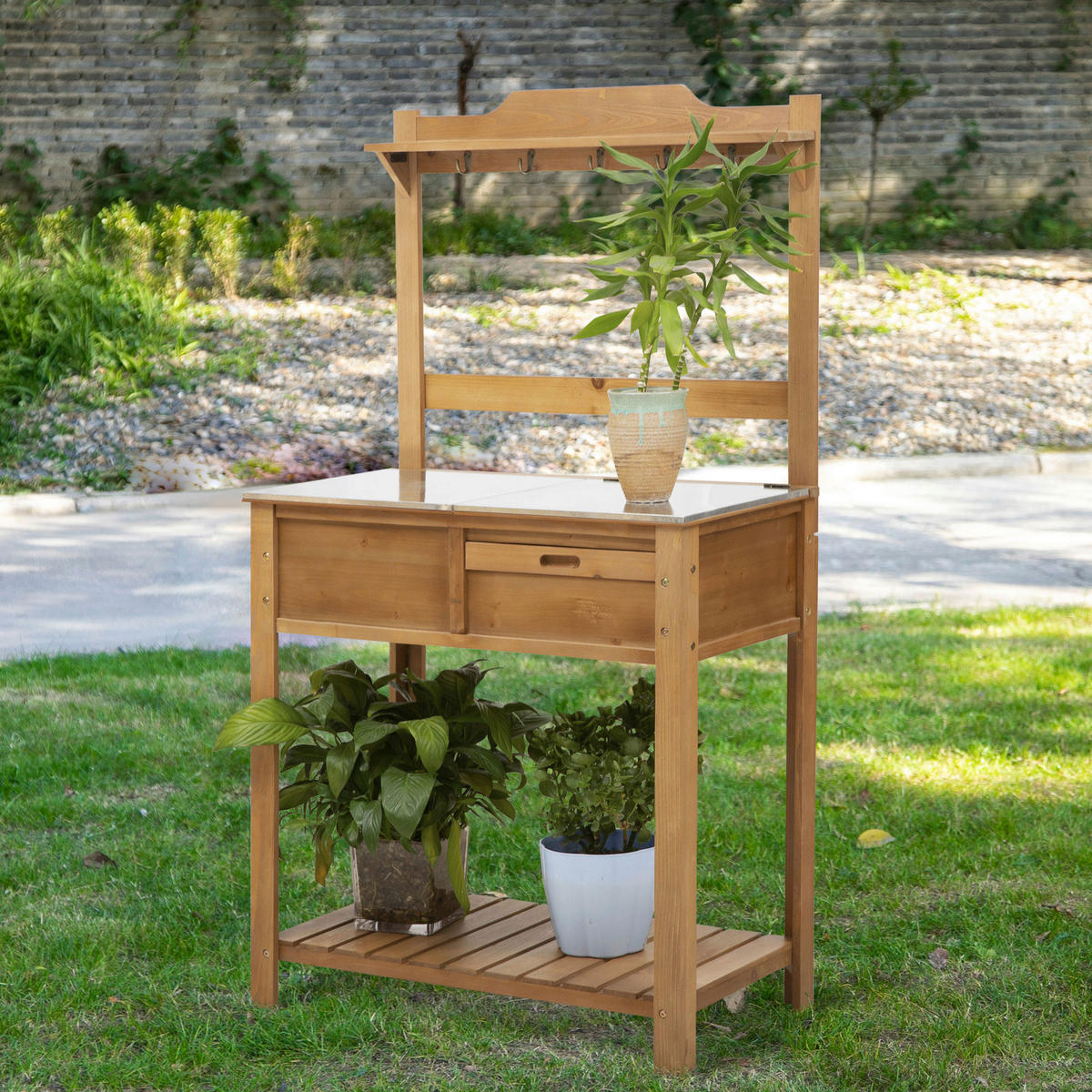 Outsunny Pflanztisch mit Haken natur B/H/L: ca. 42x142x80 cm Pflanztisch 845-375 - natur (80,00/42,00/142,00cm) - Outsunny