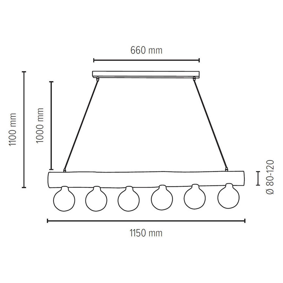 SPOT Light Pendelleuchte  SP-69860604 Trabo Simple natur schwarz Holz Metall H/L/D: ca. 110x115x10 cm E27 6 Brennstellen Trabo Simple - natur/schwarz (10,00/110,00cm) - SPOT Light