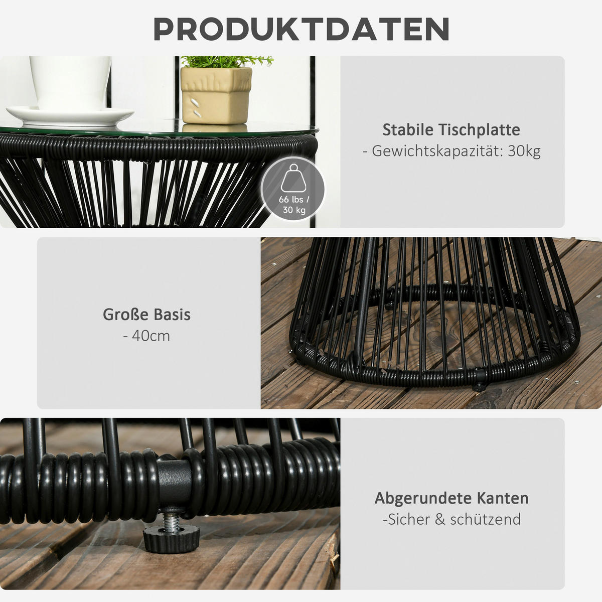 Outsunny Beistelltisch schwarz Eisen B/H/L: ca. 40x40x42 cm Rattan_Beistelltisch - schwarz (42,00/40,00/40,00cm) - Outsunny