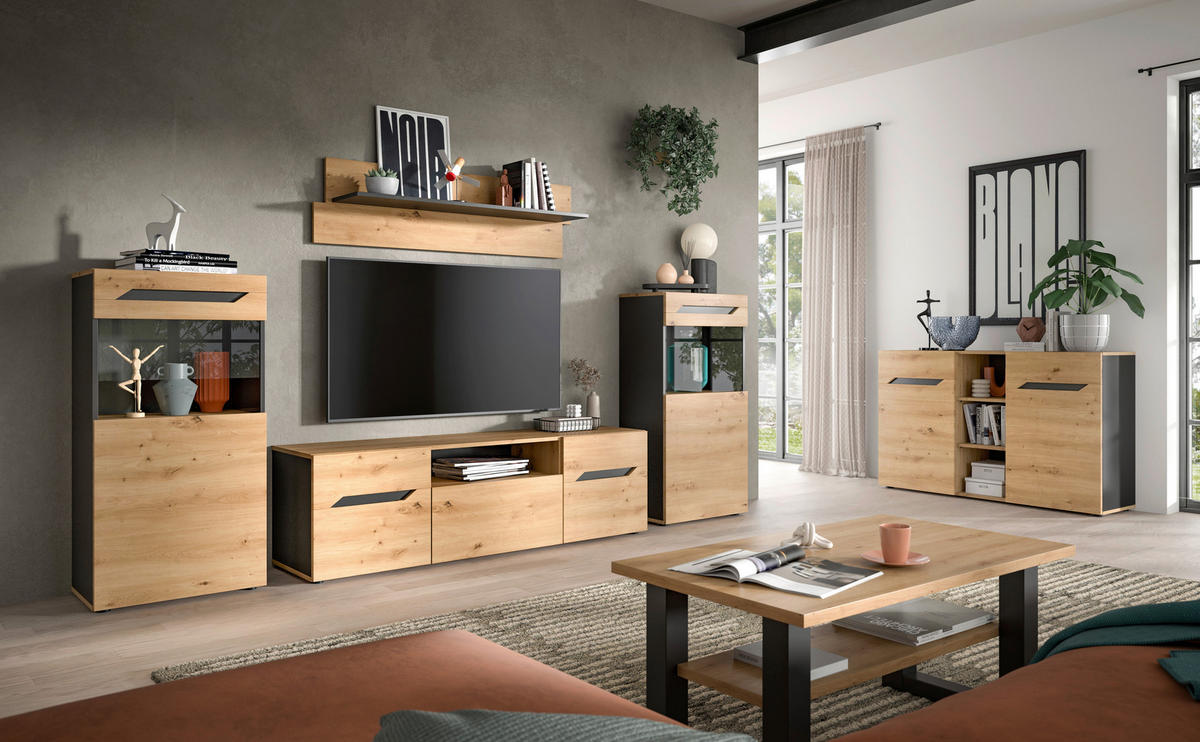 Wohnwand Caserta basaltgrau Nachbildung Artisan Oak Nachbildung B/H/T: ca. 253x196x40 cm Caserta - basaltgrau (253,00/196,00/40,00cm) - xonox.home