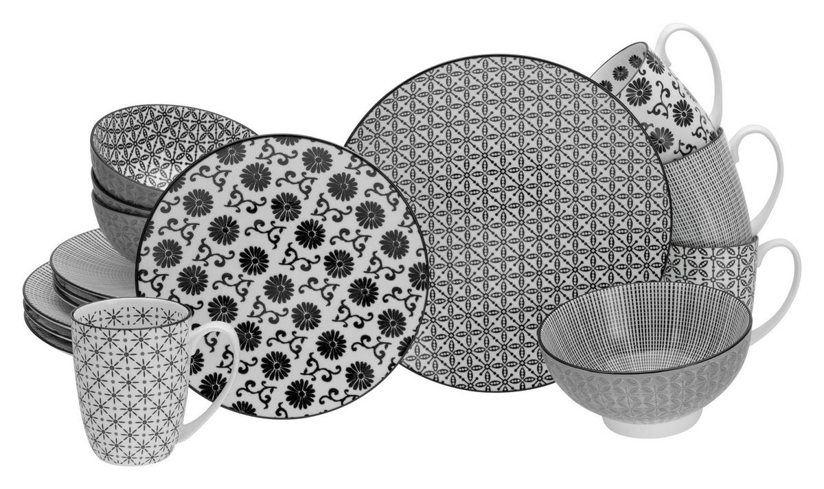 CreaTable Kombiservice New Style weiß Steingut 16 tlg. New Style - weiß/schwarz - CreaTable