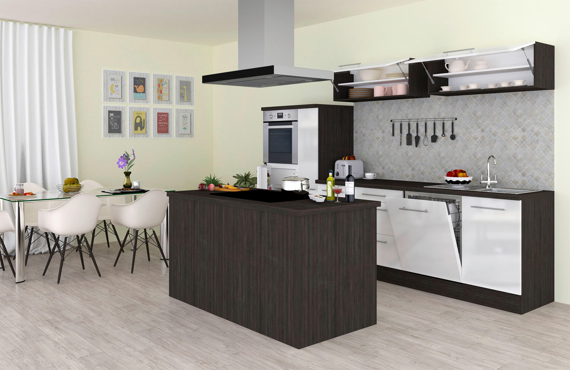 Respekta Inselküche Premium weiß hochglänzend B/H/T: ca. 310x200x270 cm Premium - Eiche/weiß (310,00/200,00/270,00cm) - Respekta
