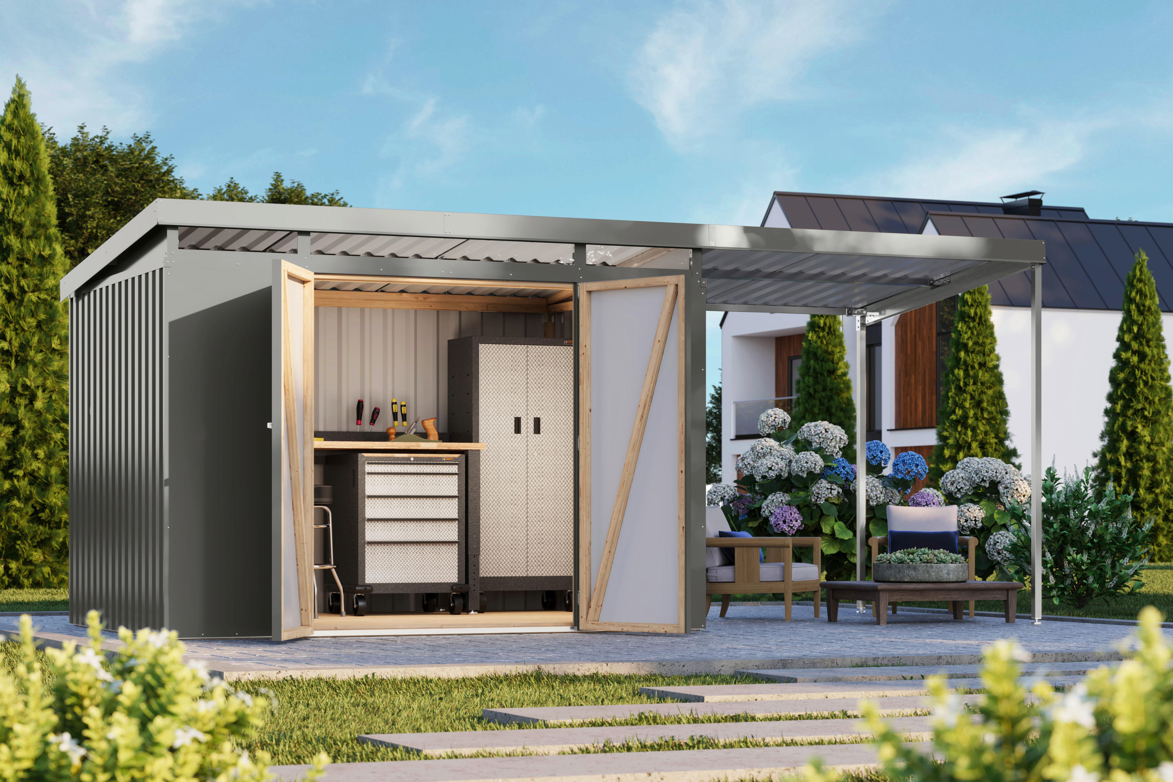 Karibu Gartenhaus Indra3 grau B/H/T: ca. 289x213x206 cm Indra3 - grau (289,00/213,00/206,00cm) - Karibu