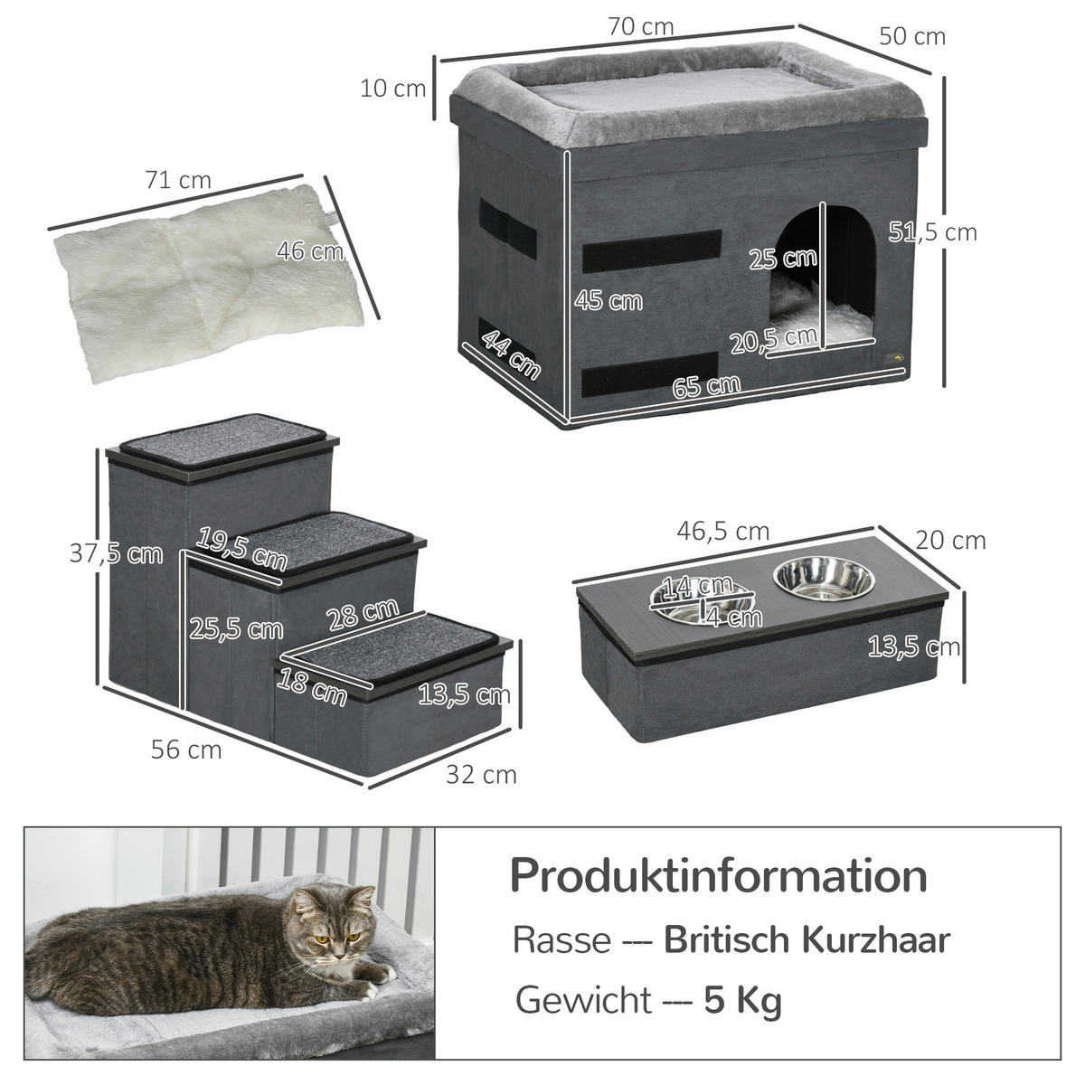 PawHut Katzen-Zubehör grau Edelstahl B/H/L: ca. 50x70x51,5 cm Katzenhütte - grau (51,50/50,00/70,00cm) - PawHut