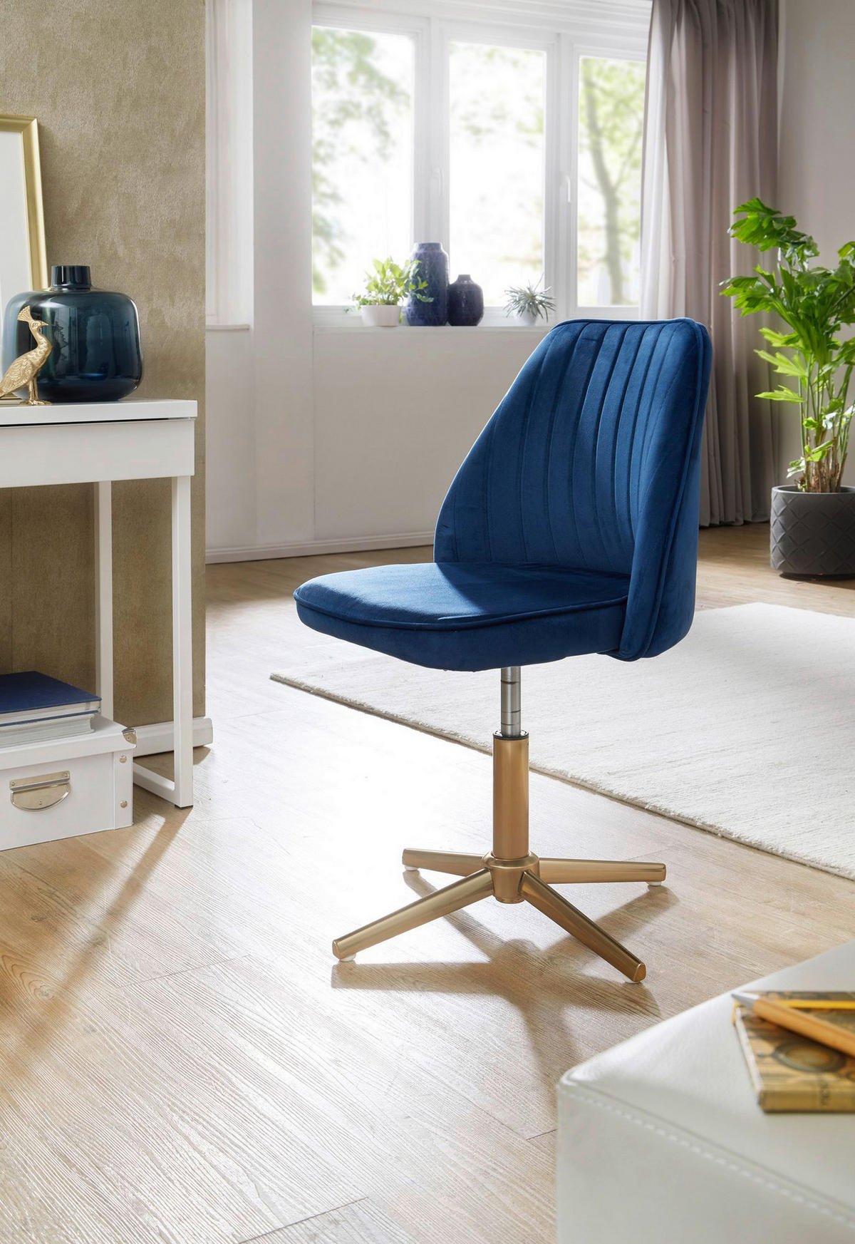 Drehstuhl blau Samt Eisen Drehstuhl - blau (47,00/100,00/46,00cm) - Wohnling