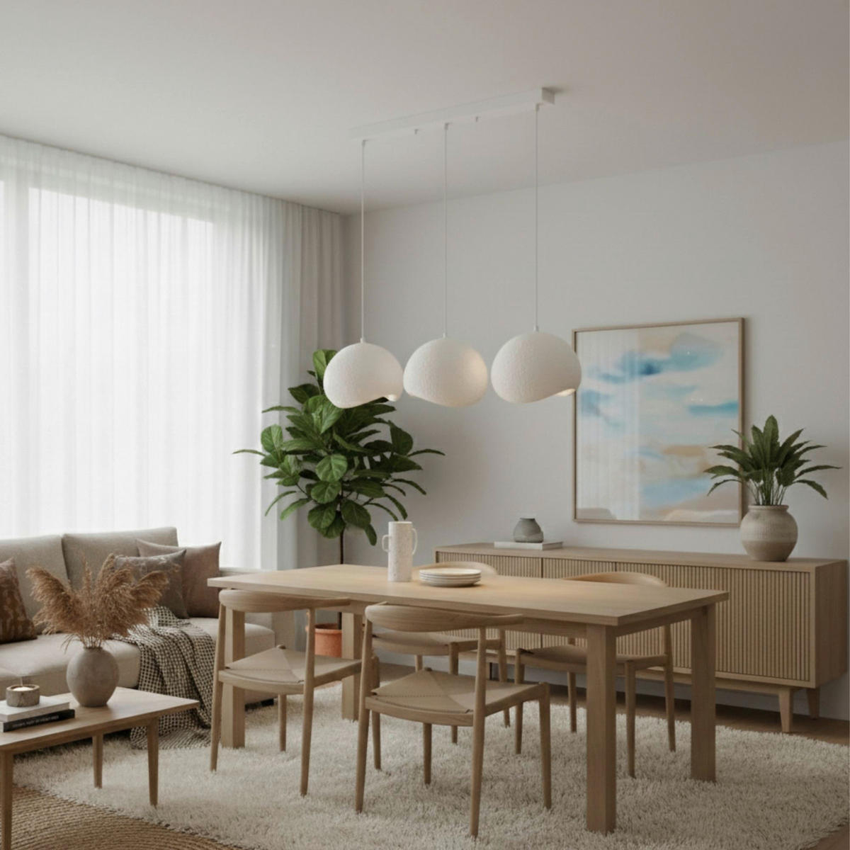 Opviq Pendelleuchte weiß Metall Polyester-Mischgewebe B/H/L: ca. 29x120x34 cm E27 3 Brennstellen Yontu - 15853 - A - weiß (34,00/29,00/120,00cm) - Opviq