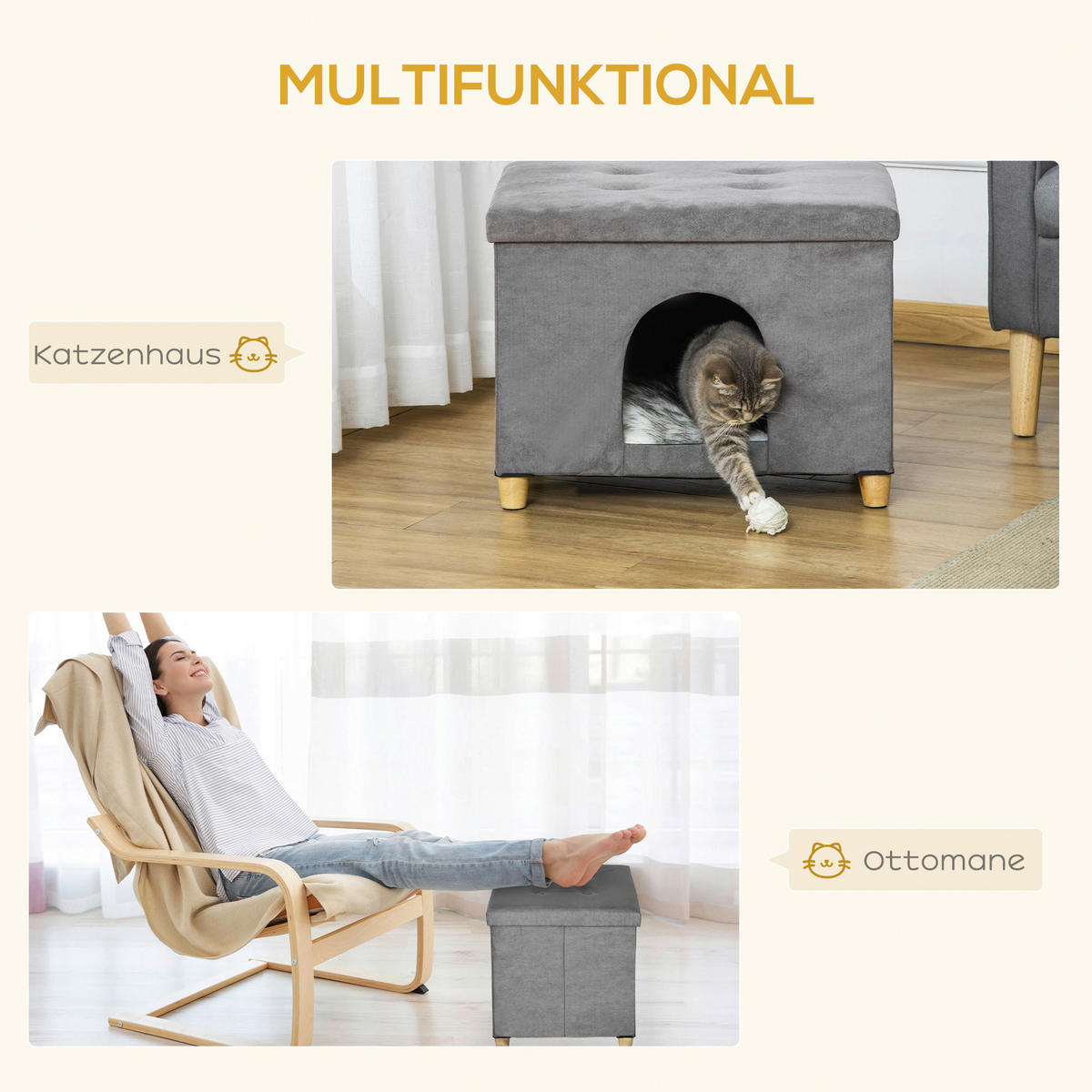 PawHut Katzenhaus grau Polyester B/H/L: ca. 45x44,5x60 cm Katzenhaus - grau (60,00/45,00/44,50cm) - PawHut
