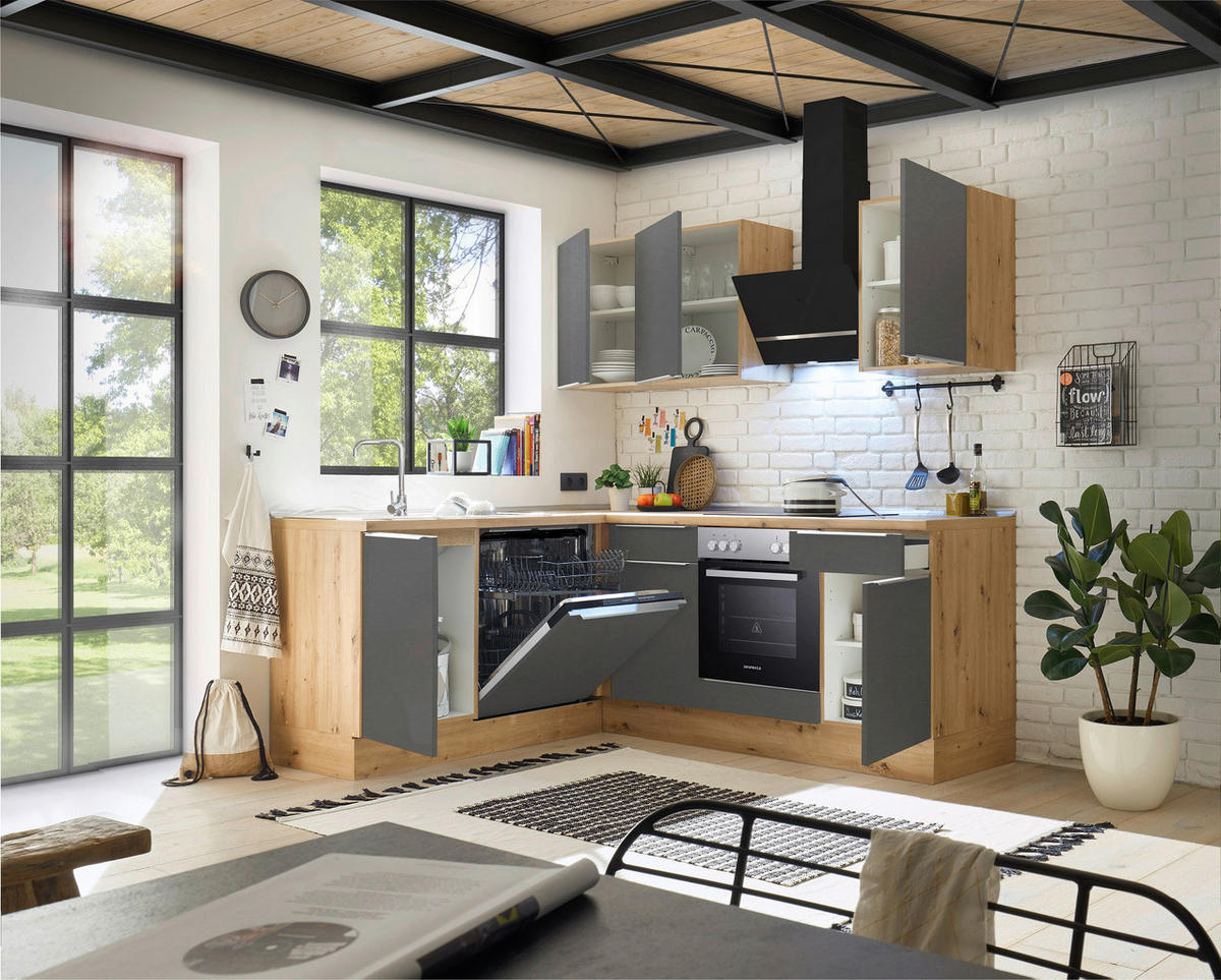 Respekta Winkelküche Marleen grau matt B/H/T: ca. 220x211x170 cm Marleen - Eiche/Alu (220,00/211,00/170,00cm) - Respekta