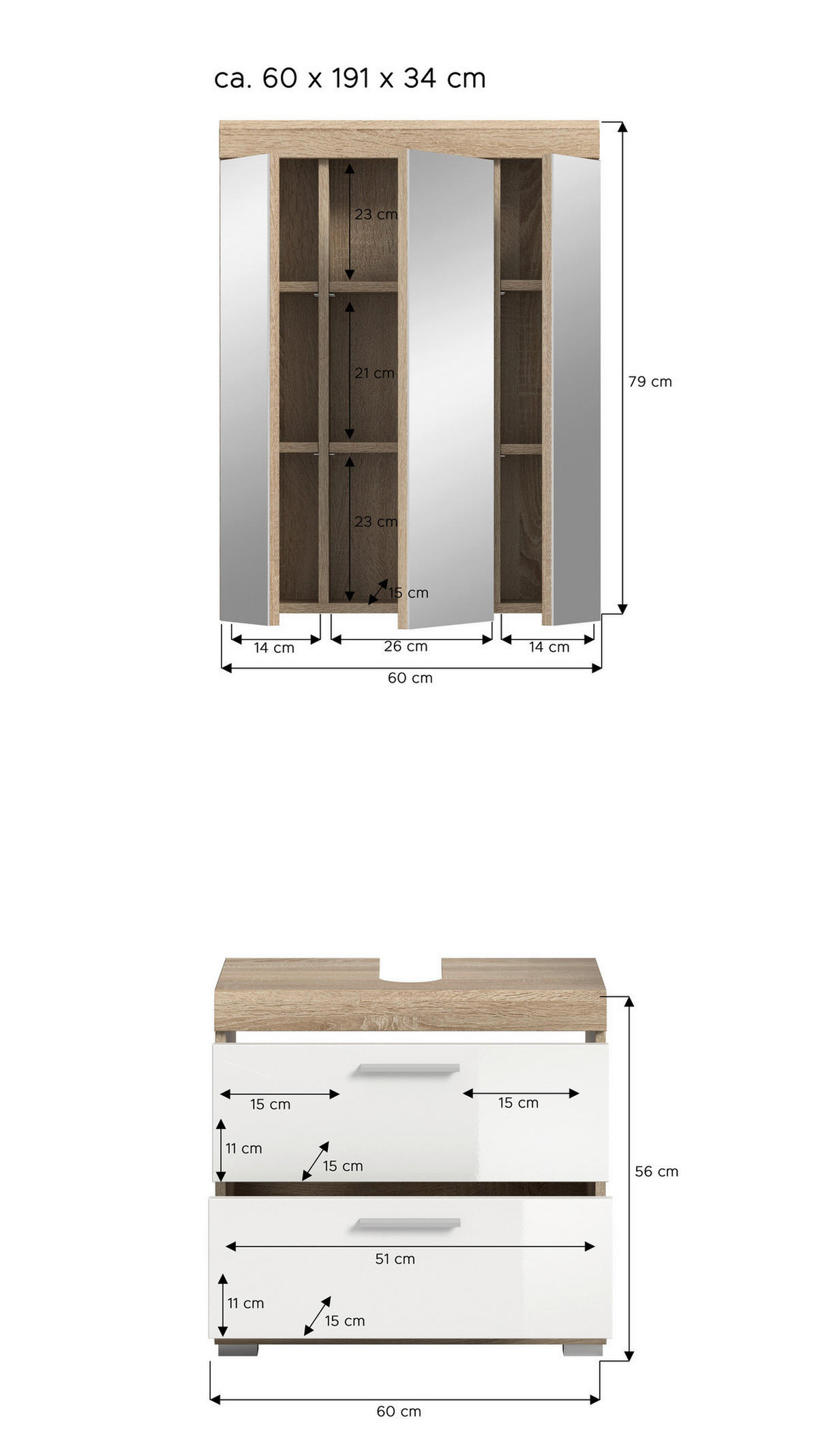 Badezimmer-Set Lambada Eiche Sonoma Nachbildung weiß Hochglanz B/H/T: ca. 60x191x37 cm Lambada - Eiche/weiß (60,00/191,00/37,00cm) - xonox.home