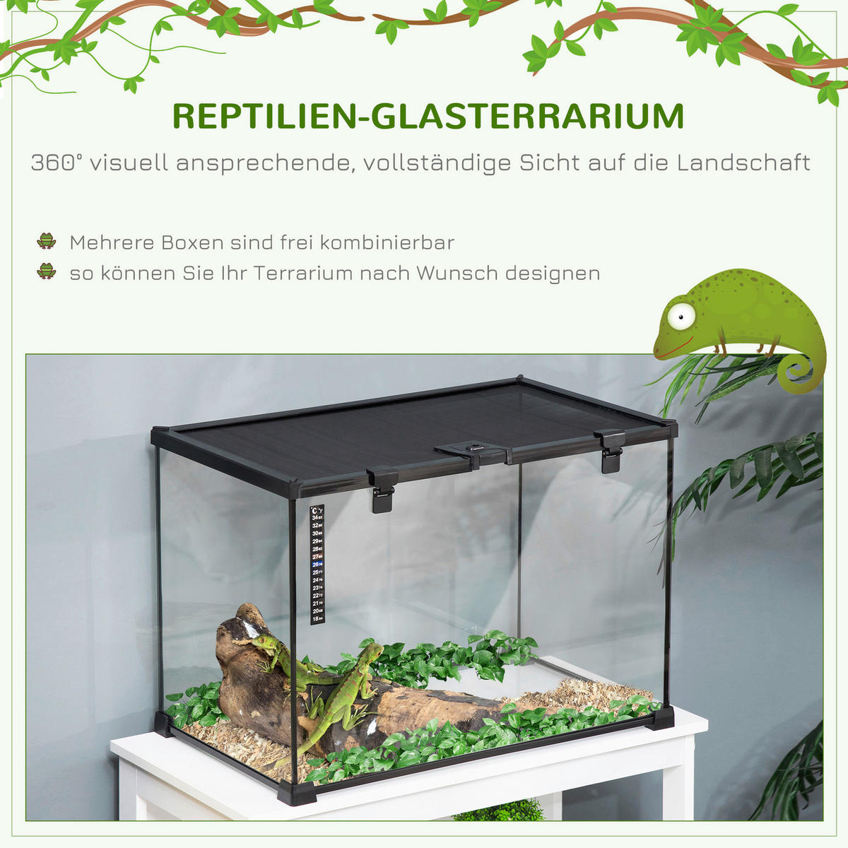 PawHut Terrarium schwarz Edelstahl B/H/L: ca. 30x50x35 cm Terrarium_für_Reptilien - schwarz (35,00/30,00/50,00cm) - PawHut