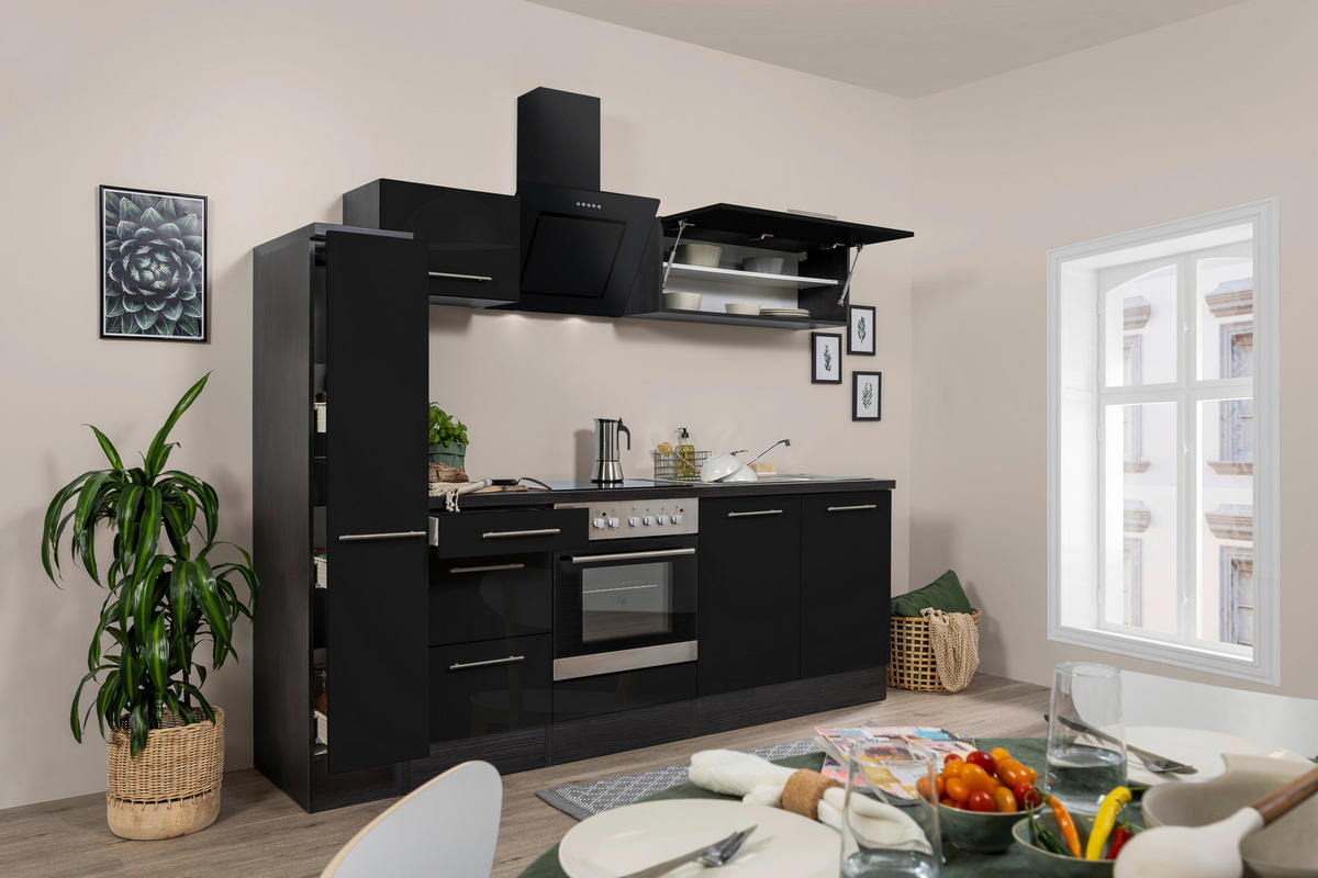 Respekta Küchenblock Amanda schwarz Hochglanz B/H/T: ca. 240x200x60 cm Amanda - schwarz/Edelstahloptik (240,00/200,00/60,00cm) - Respekta