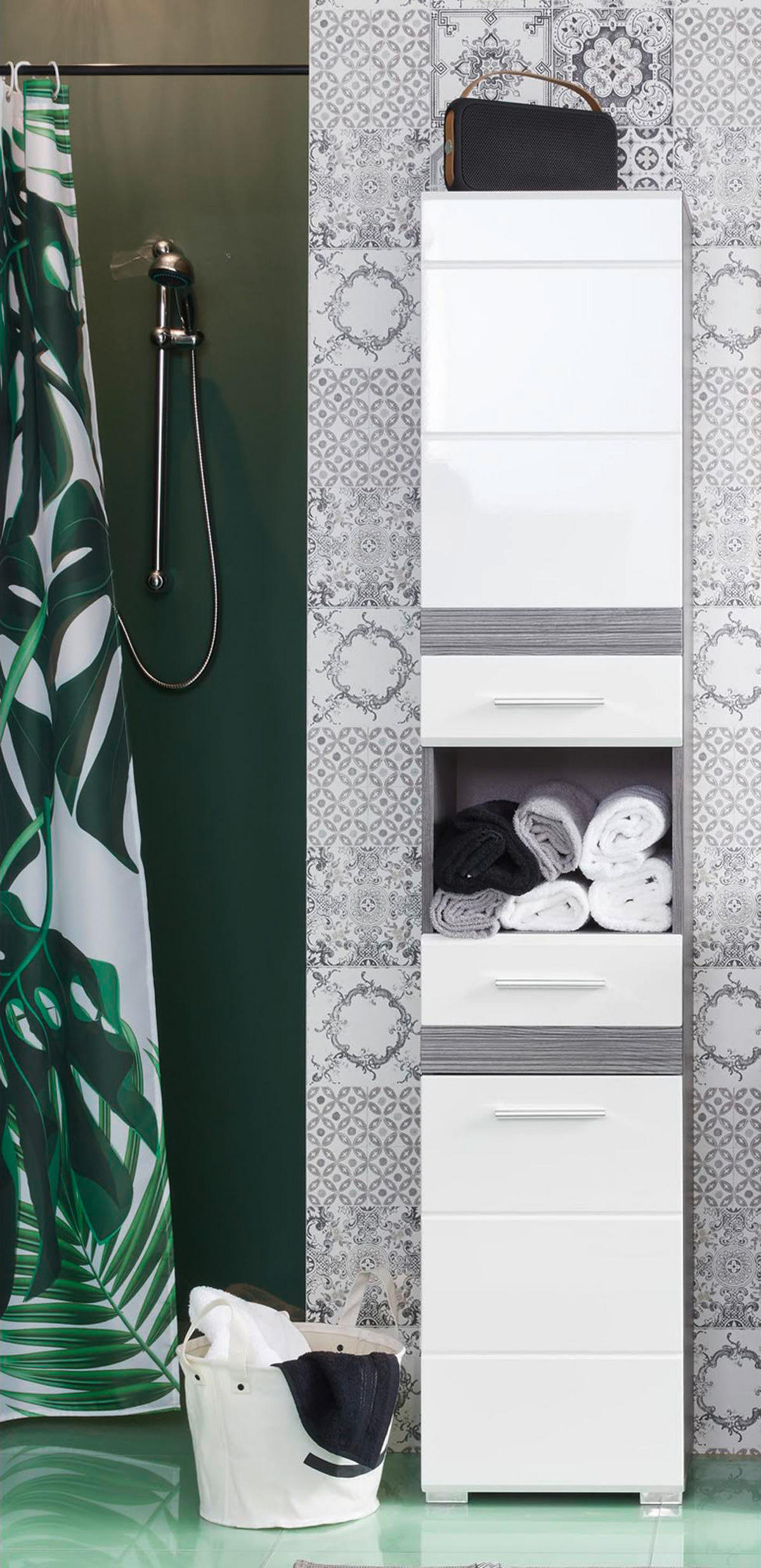Hochschrank SetOne Eiche Rauchsilber Nachbildung B/H/T: ca. 37x182x31 cm SetOne - Eiche/weiß (37,00/182,00/31,00cm)