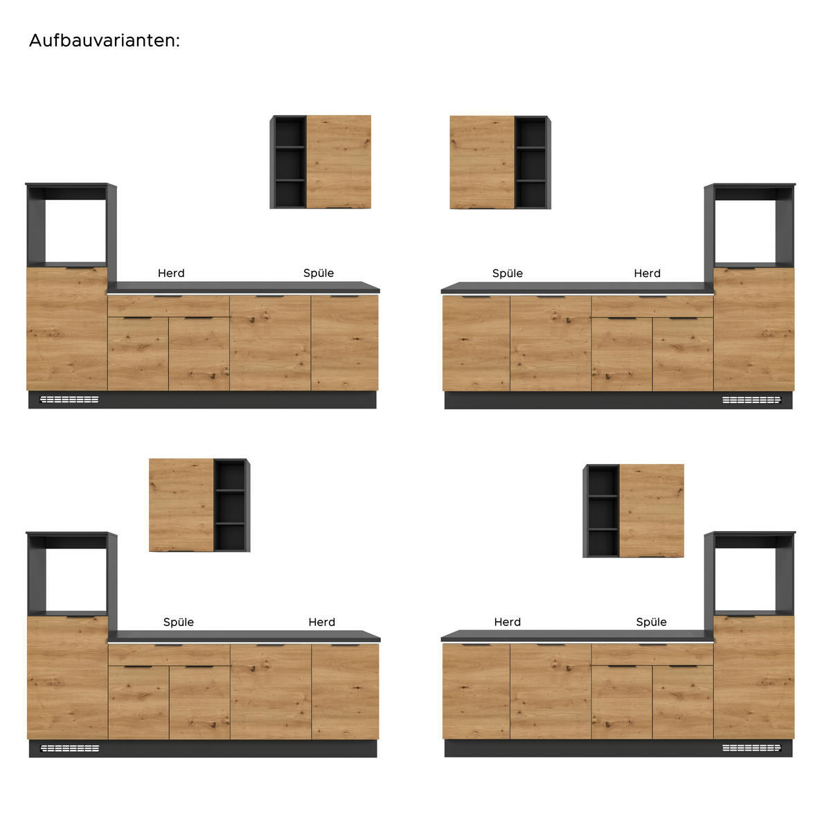 xonox.home Küchenblock Charly Eiche Artisan Nachbildung B/H/T: ca. 260x222x60 cm Charly - Eiche/schwarz (260,00/222,00/60,00cm) - xonox.home