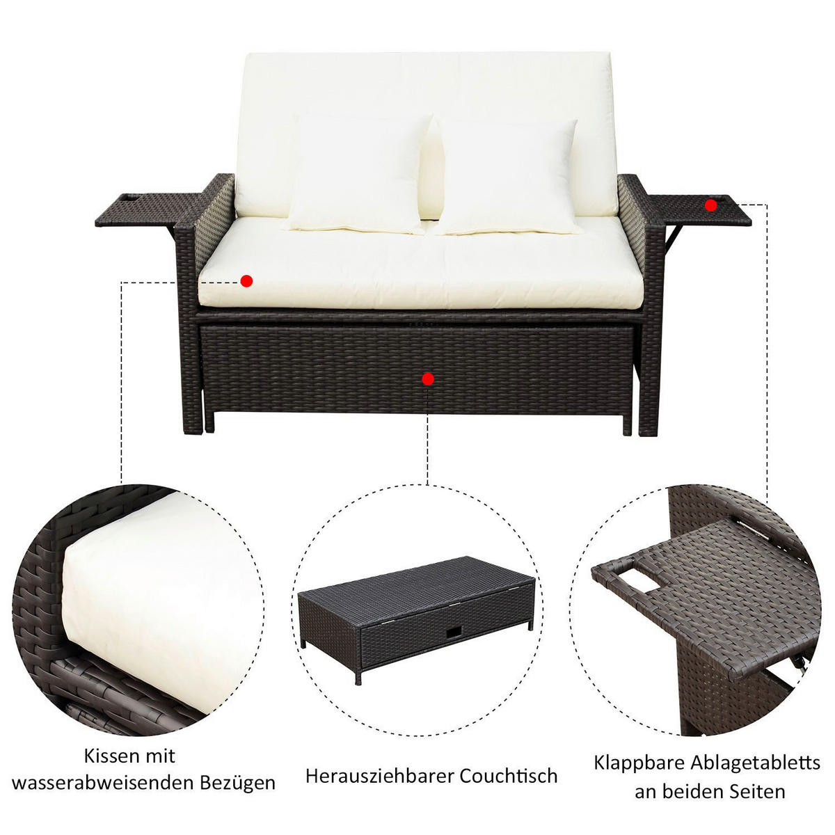 Outsunny Lounge-Sof dunkelbraun Polyrattan B/H/L: ca. 72x96x130 cm Lounge-Sofa - dunkelbraun/creme (130,00/72,00/96,00cm) - Outsunny