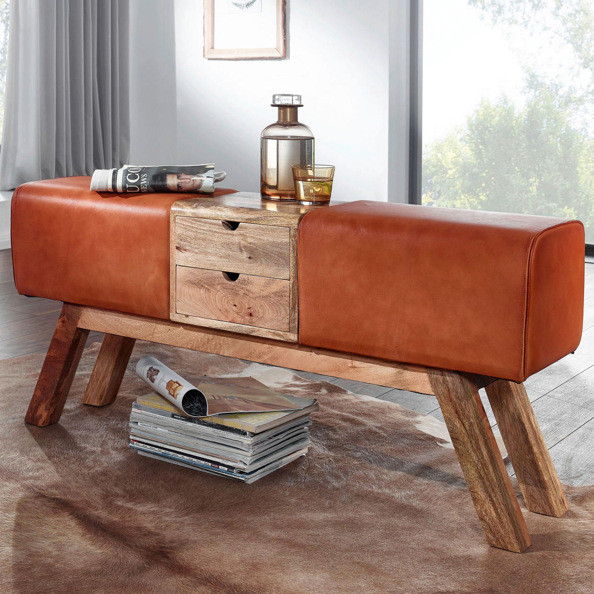 Wohnling Sitzbank braun natur Leder Echtholz B/H/T: ca. 120x56x30 cm Sitzbank - braun/natur (120,00/56,00/30,00cm) - Wohnling