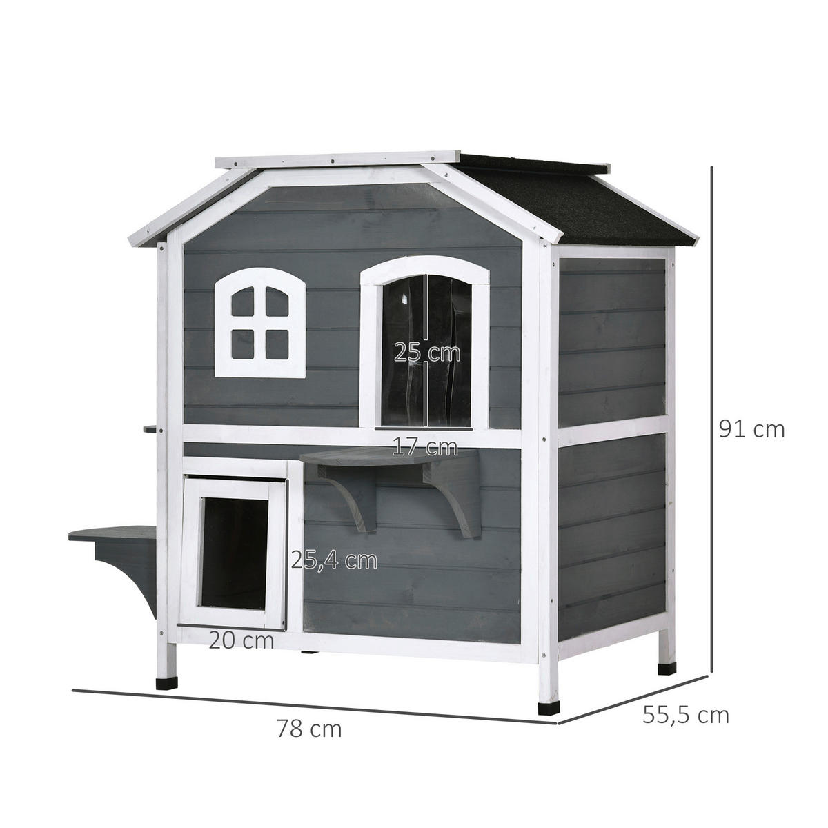 PawHut Katzenhaus grau Holz B/H/L: ca. 56x91x78 cm Katzenhaus - weiß/grau (78,00/56,00/91,00cm) - PawHut