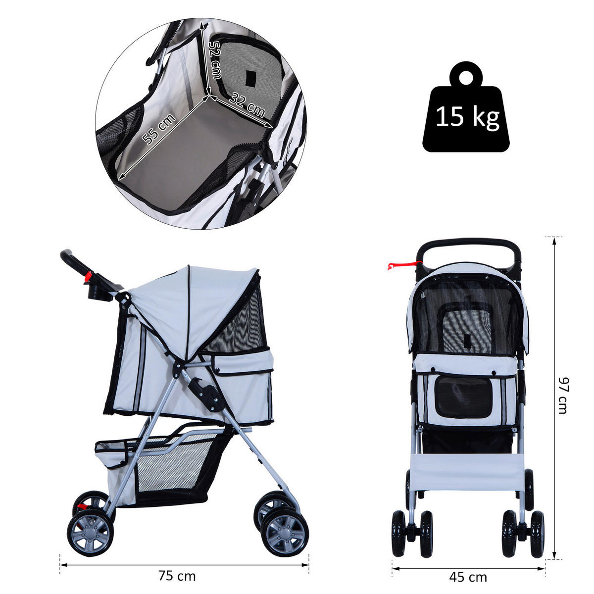 PawHut Hundewagen grau Polyester-Mischgewebe B/H/L: ca. 36x52x55 cm Hundewagen - schwarz/grau (55,00/36,00/52,00cm) - PawHut