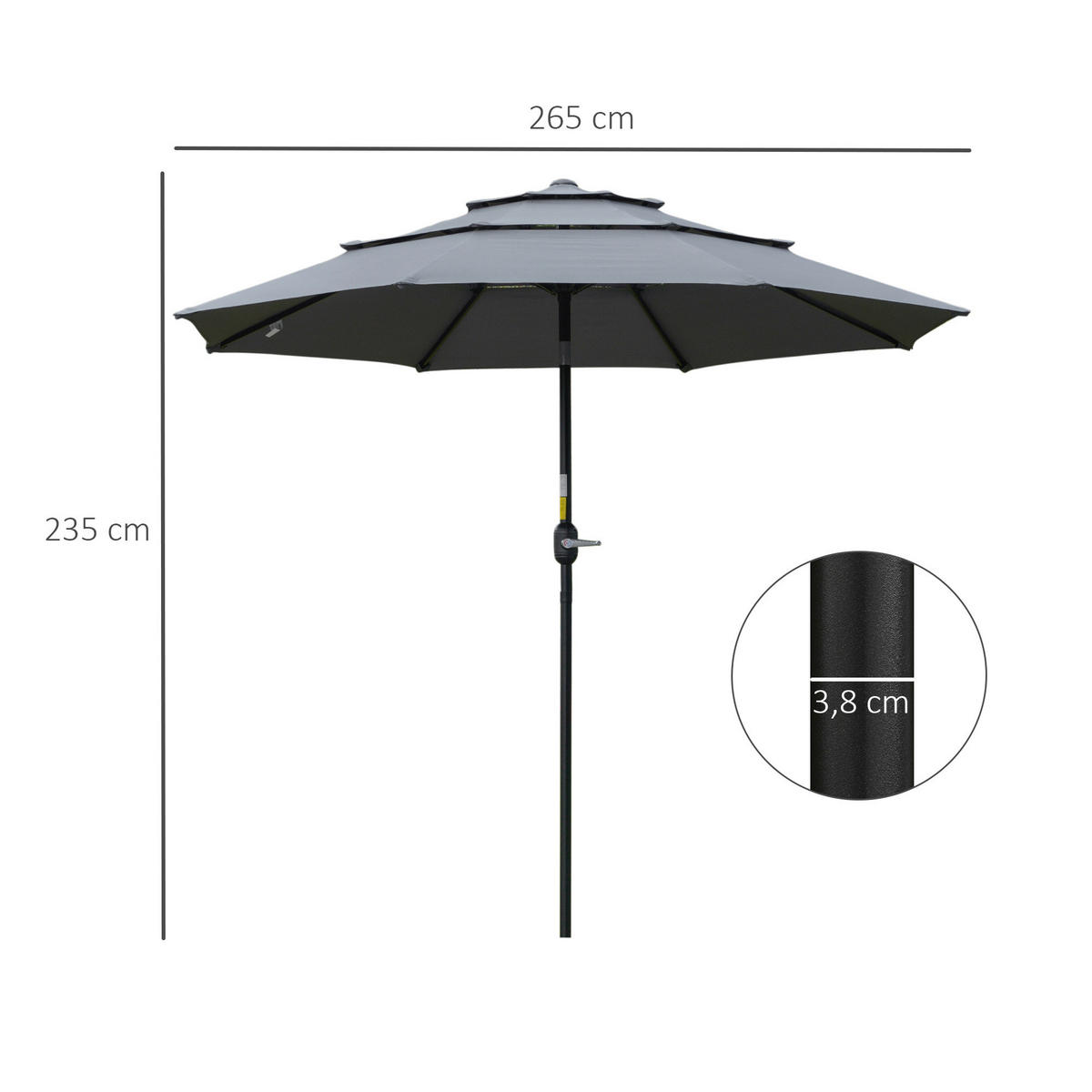 Outsunny Sonnenschirm dunkelgrau Stahl H/D: ca. 235x265 cm Sonnenschirm - schwarz/dunkelgrau (265,00/235,00cm) - Outsunny