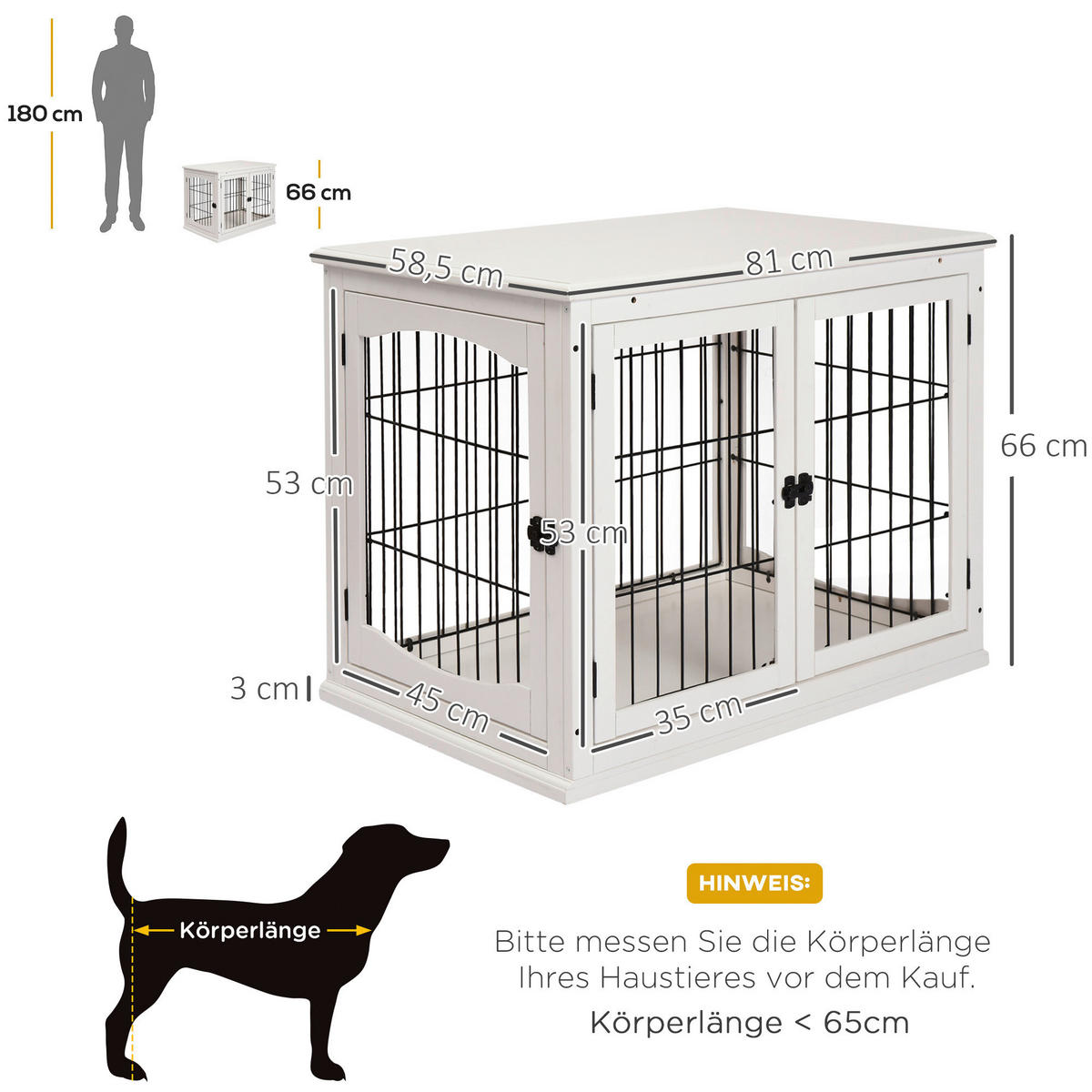 PawHut Hundekäfig weiß Eisen B/H/L: ca. 81x66x58,5 cm Hundekäfig - weiß (58,50/81,00/66,00cm) - PawHut