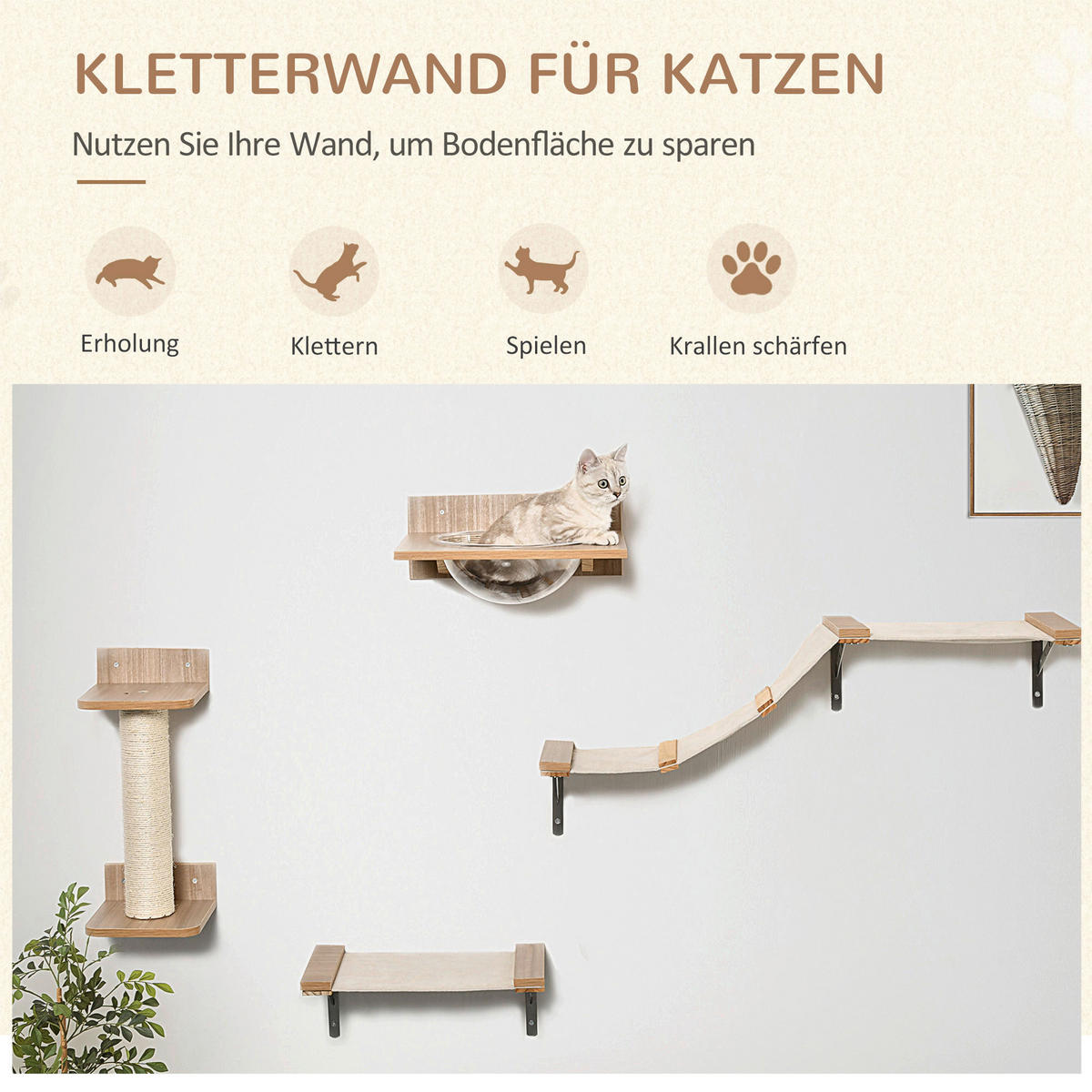PawHut Katzen-Zubehör braun Polypropylen B/H/L: ca. 25,5x100x17,5 cm Katzenkletterwand - braun (17,50/25,50/100,00cm) - PawHut