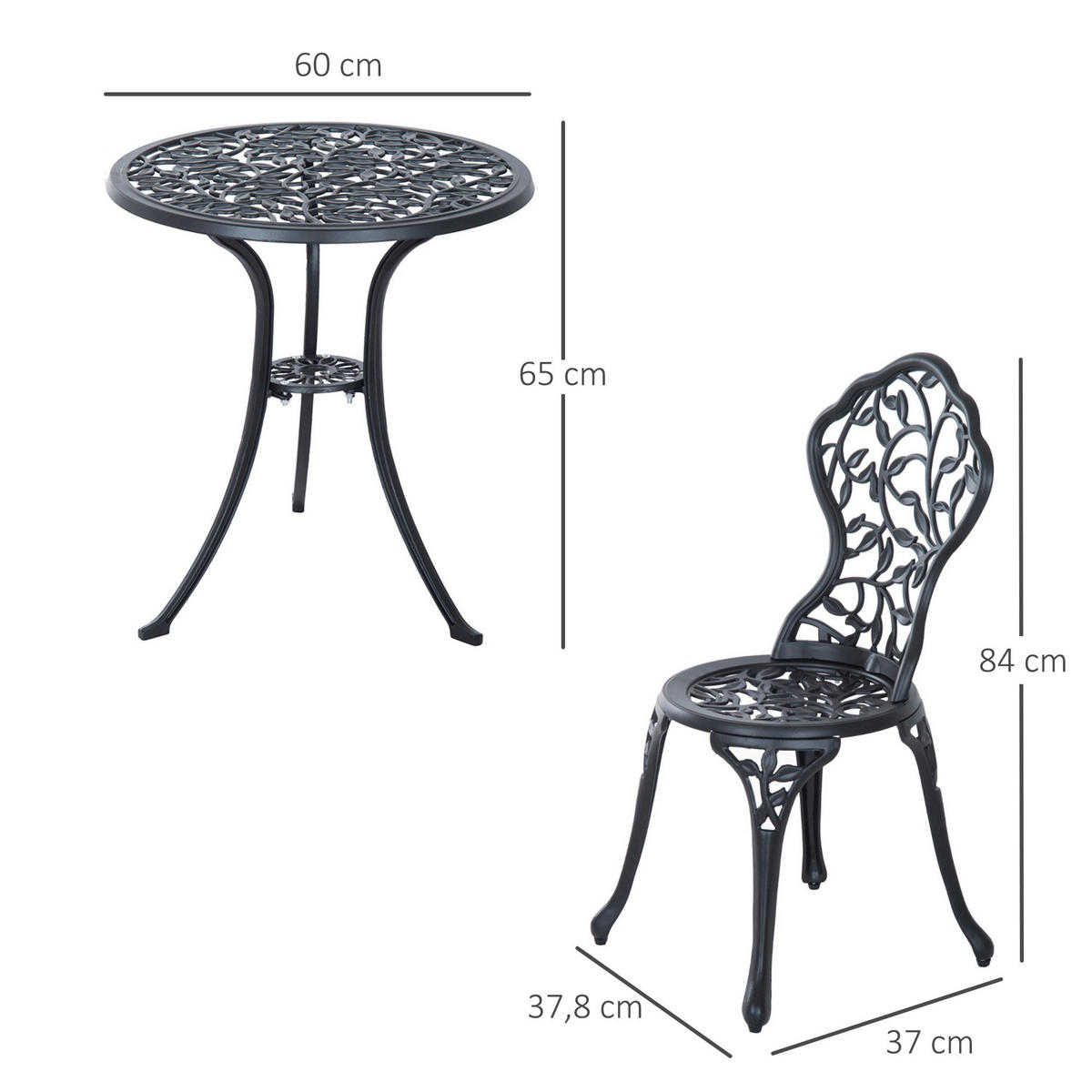 Outsunny Bistroset schwarz Aluminium B/H/L: ca. 60x65x60 cm Bistroset - schwarz (60,00/60,00/65,00cm) - Outsunny
