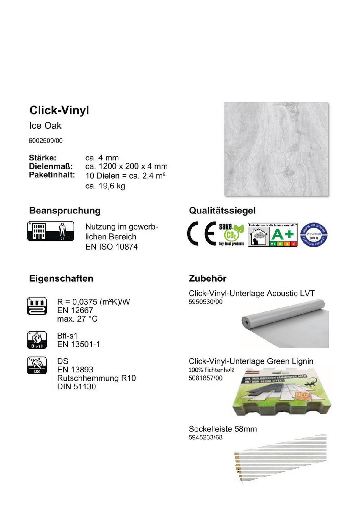 Click-Vinylboden Ice Oak ca. 2,4 m² im Paket  B/L: ca. 20x120 cm pro Paket Ice Oak ca. 2,4 m² im Paket - (20,00/120,00cm)