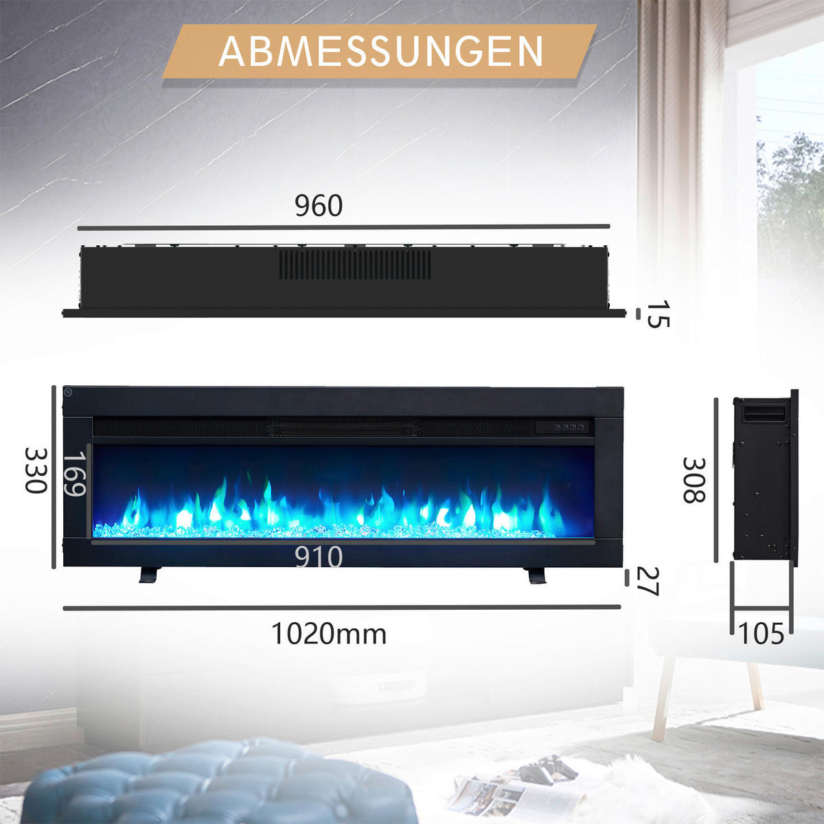 Balderia Elektrischer-Kamin Anes 40 B/H/T: ca. 96x30,8x10,5 cm ca. 2000 W Elektrischer Kamin  Agnes 40 - (96,00/30,80/10,50cm) - Balderia