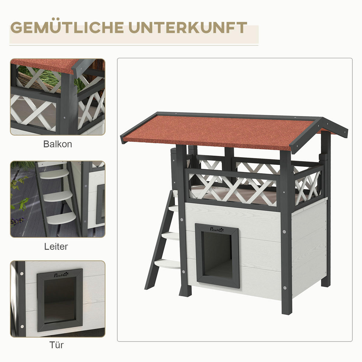PawHut Katzen-Zubehör weiß Polypropylen B/H/L: ca. 50x77x73 cm Katzenhaus - weiß/rot (73,00/50,00/77,00cm) - PawHut