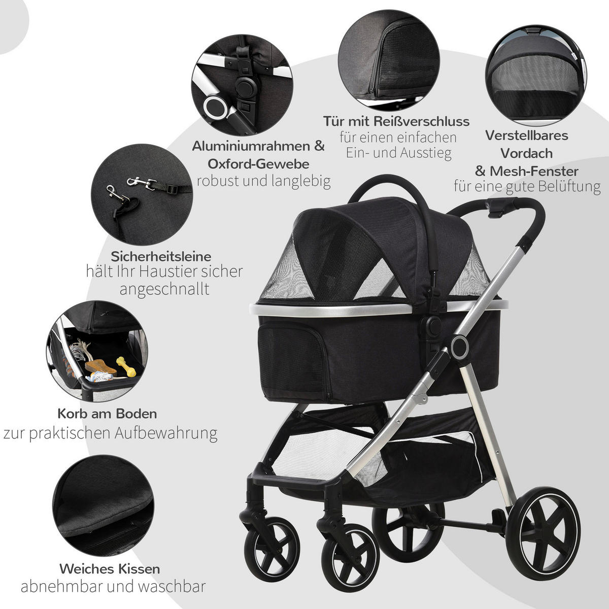 PawHut Hunde-Zubehör schwarz Polyester B/H/L: ca. 58x83x102 cm Hundewagen - schwarz (102,00/58,00/83,00cm) - PawHut