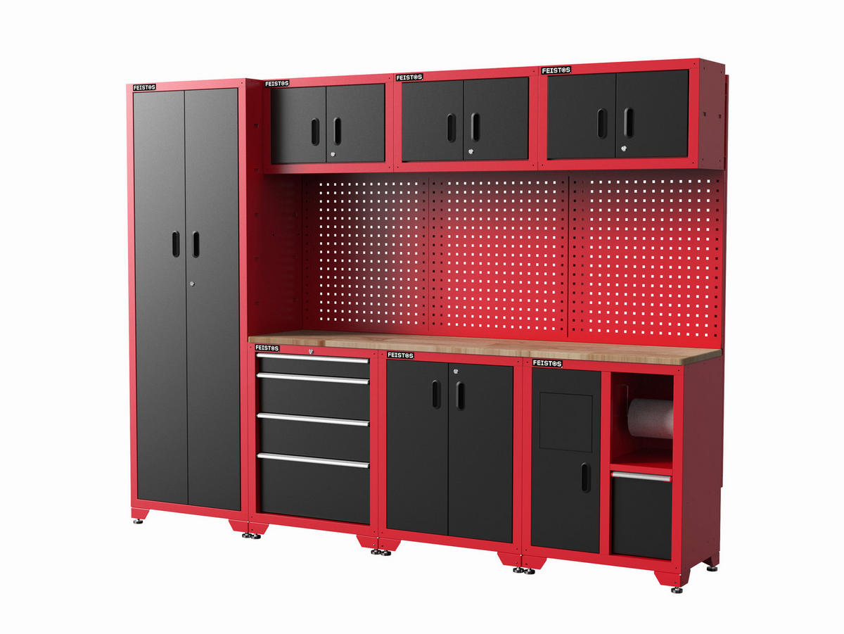 Werkstatteinrichtung Juno 3 rot B/H/T: ca. 264x198x46 cm Juno 3 - rot/schwarz (264,00/198,00/46,00cm) - Feistos