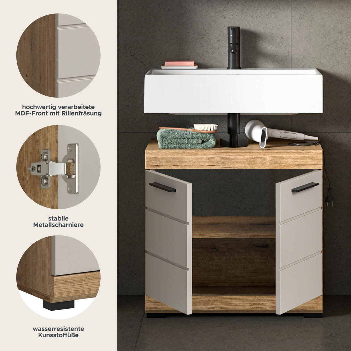 Waschbeckenunterschrank Scout Evoke Oak Nachbildung Kaschmirgrau Nachbildung B/H/T: ca. 60x56x34 cm Scout - Kaschmirgrau (60,00/56,00/34,00cm) - xonox.home