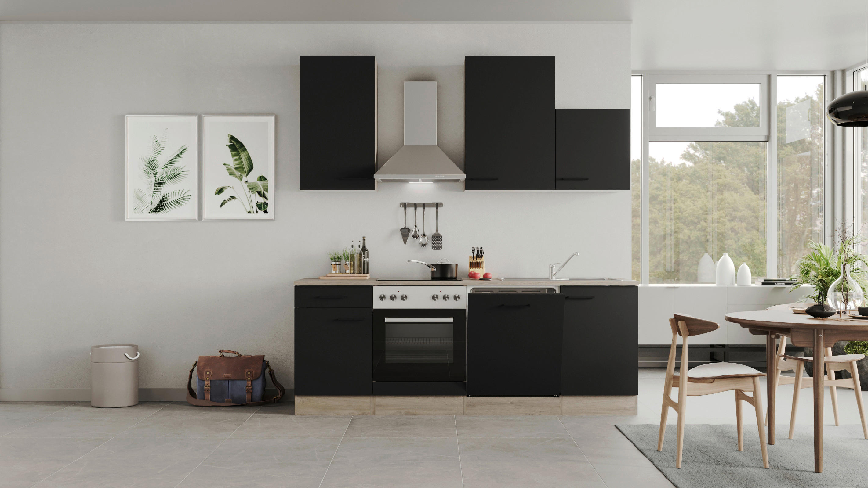 Küchenblock Capri schwarz matt B/H/T: ca. 220x234x60 cm Capri - schwarz/Oak (220,00/234,00/60,00cm) - Flex-Well