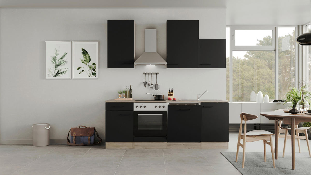 Küchenblock Capri schwarz matt B/H/T: ca. 220x234x60 cm Capri - schwarz/Oak (220,00/234,00/60,00cm) - Flex-Well