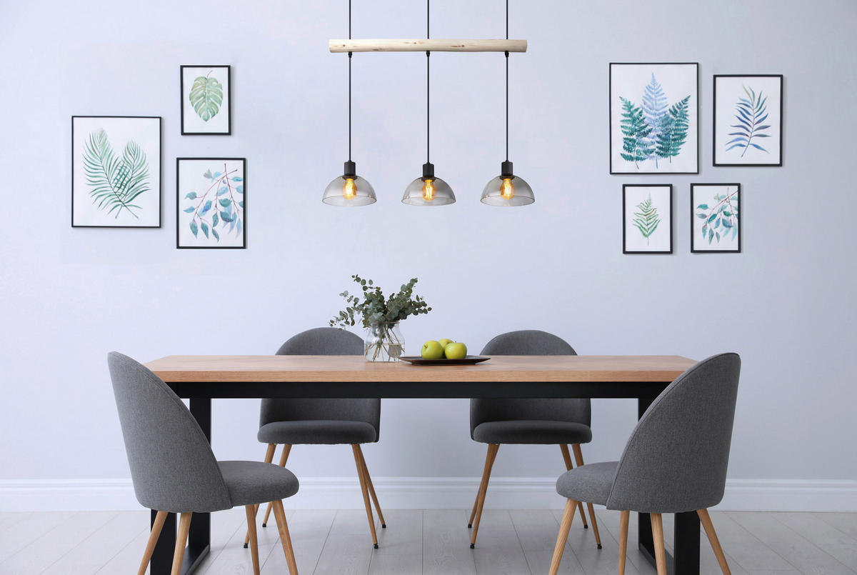 GLOBO Pendelleuchte Rauch natur mattschwarz Holz Glas Metall B/H/T: ca. 20x120x80 cm E27 3 Brennstellen LINDI - natur/mattschwarz (20,00/120,00/80,00cm) - GLOBO