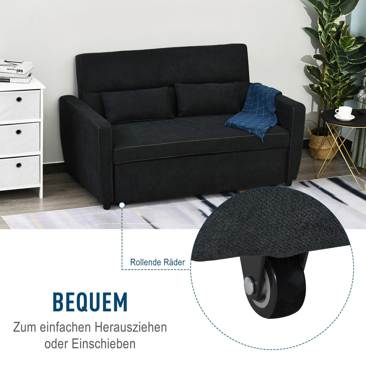 Schlafsofa 833-834 schwarz B/H/T: ca. 148x89x82 cm 833-834 - schwarz (148,00/89,00/82,00cm) - HOMCOM