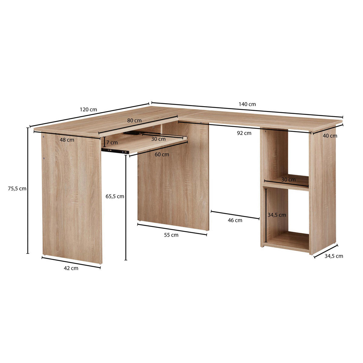 Schreibtischkombination Eiche Sonoma Nachbildung B/H/T: ca. 140x75,5x120 cm Schreibtischkombination - Eiche (140,00/75,50/120,00cm) - Wohnling