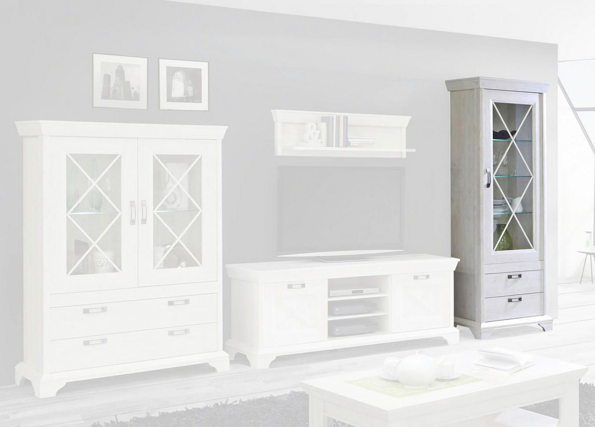 Standvitrine  weiß Pinie Nachbildung B/H/T: ca. 78x210x48 cm Kashmir_Vitrine KSMV73-D43 - weiß (78,00/210,00/48,00cm)